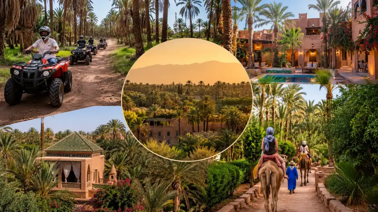 Vue panoramique de la palmeraie de Marrakech avec traces de quad et sentier de balade