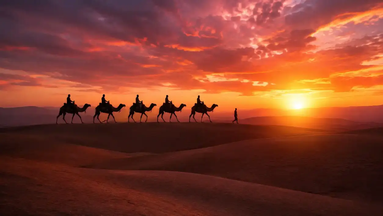Silhouette de dromadaires au coucher du soleil sur les dunes du désert d'Agafay