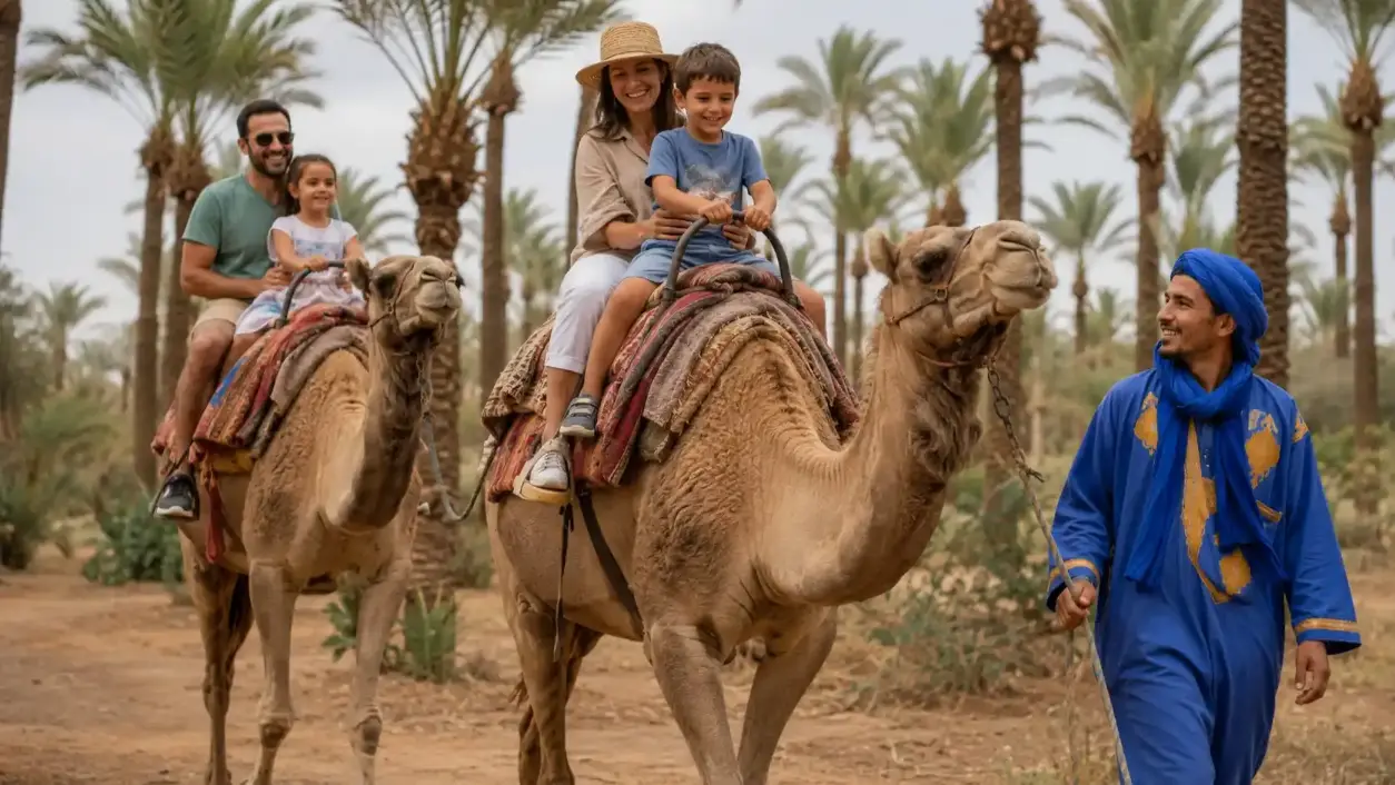 Famille avec enfants faisant une balade en dromadaire dans la palmeraie de Marrakech