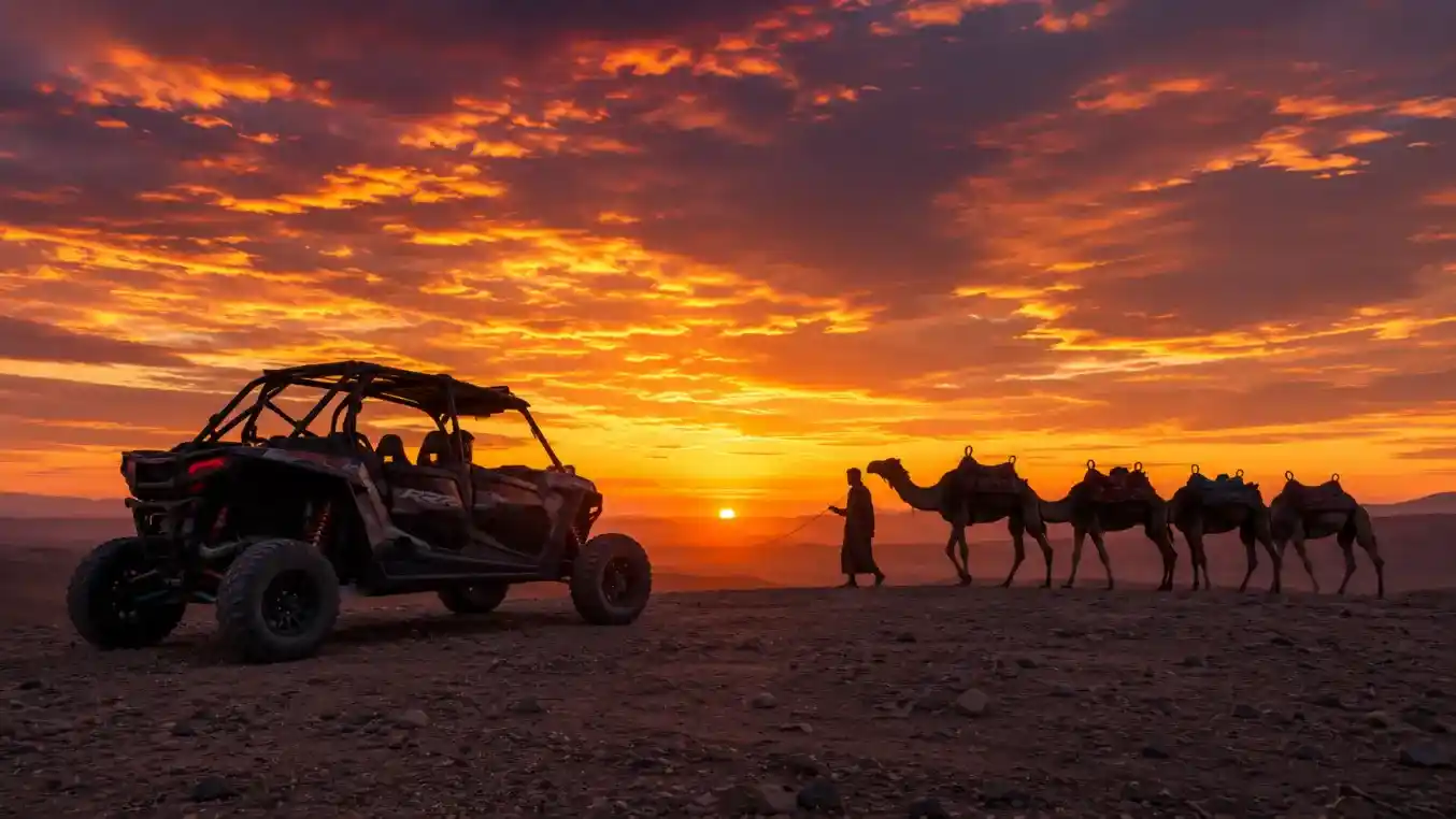 Coucher de soleil sur le désert d'Agafay avec dromadaires