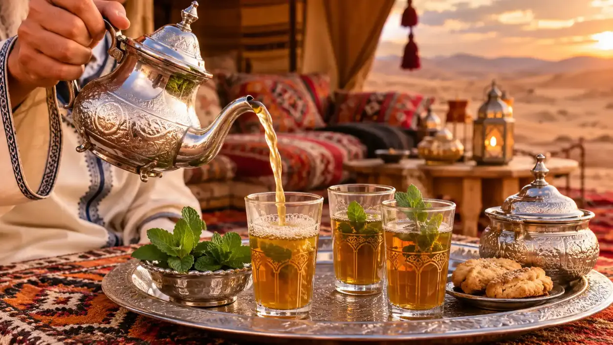 Théière traditionnelle marocaine versant du thé à la menthe berbère