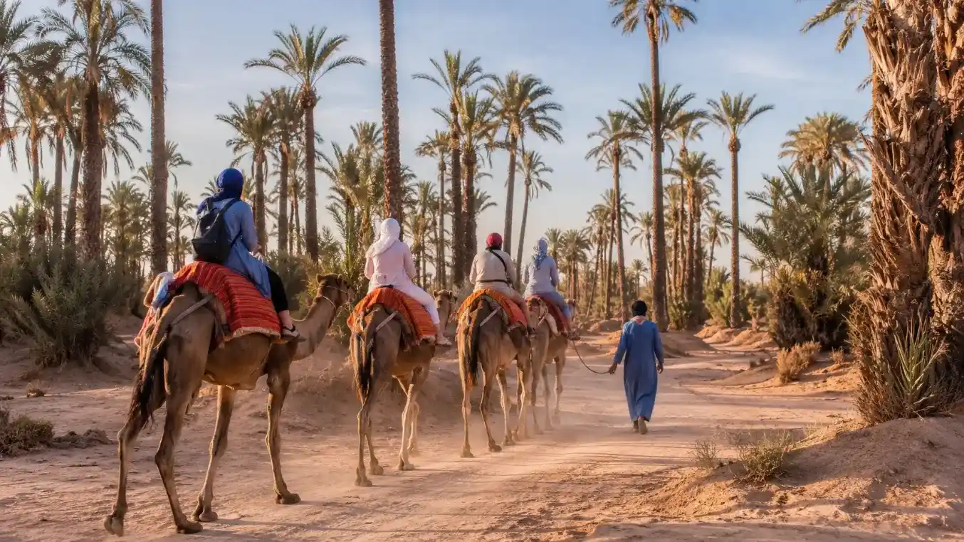 Dromadaires traversant la Palmeraie de Marrakech