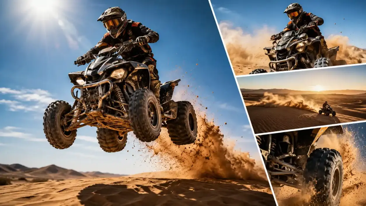 Quad en pleine action sautant sur une dune dans le désert près de Marrakech