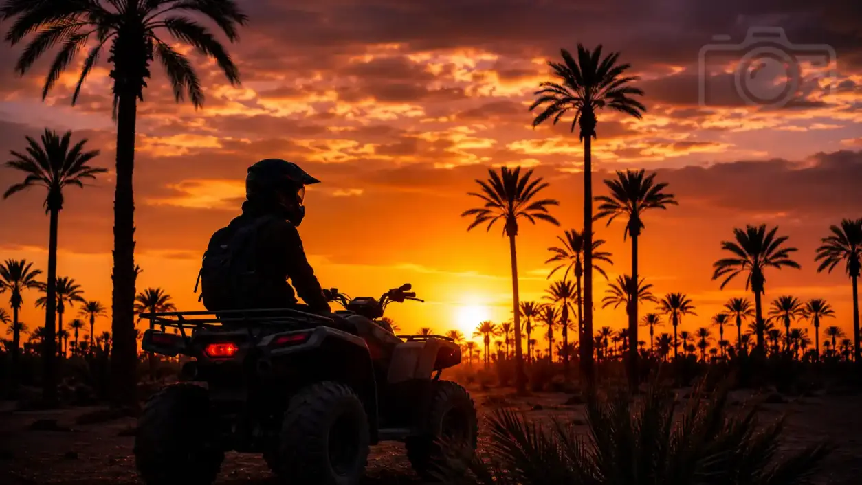 Silhouette d'un rider en quad au coucher du soleil dans la palmeraie de Marrakech
