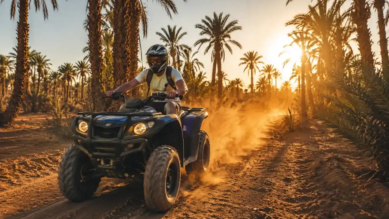 Quad roulant dans la Palmeraie de Marrakech au coucher du soleil