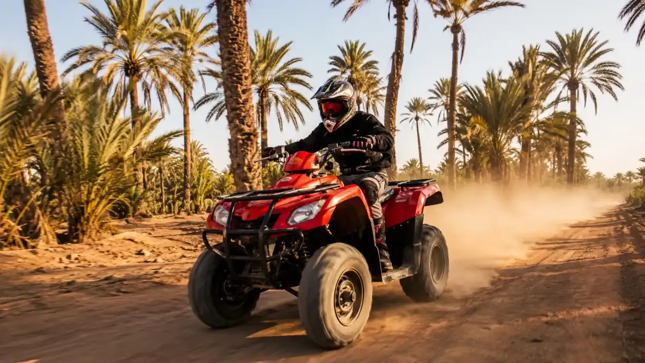 Rider en quad traversant la palmeraie de Marrakech au milieu des palmiers
