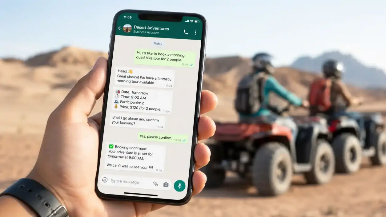 Réservation d'une excursion quad à Marrakech via WhatsApp sur smartphone