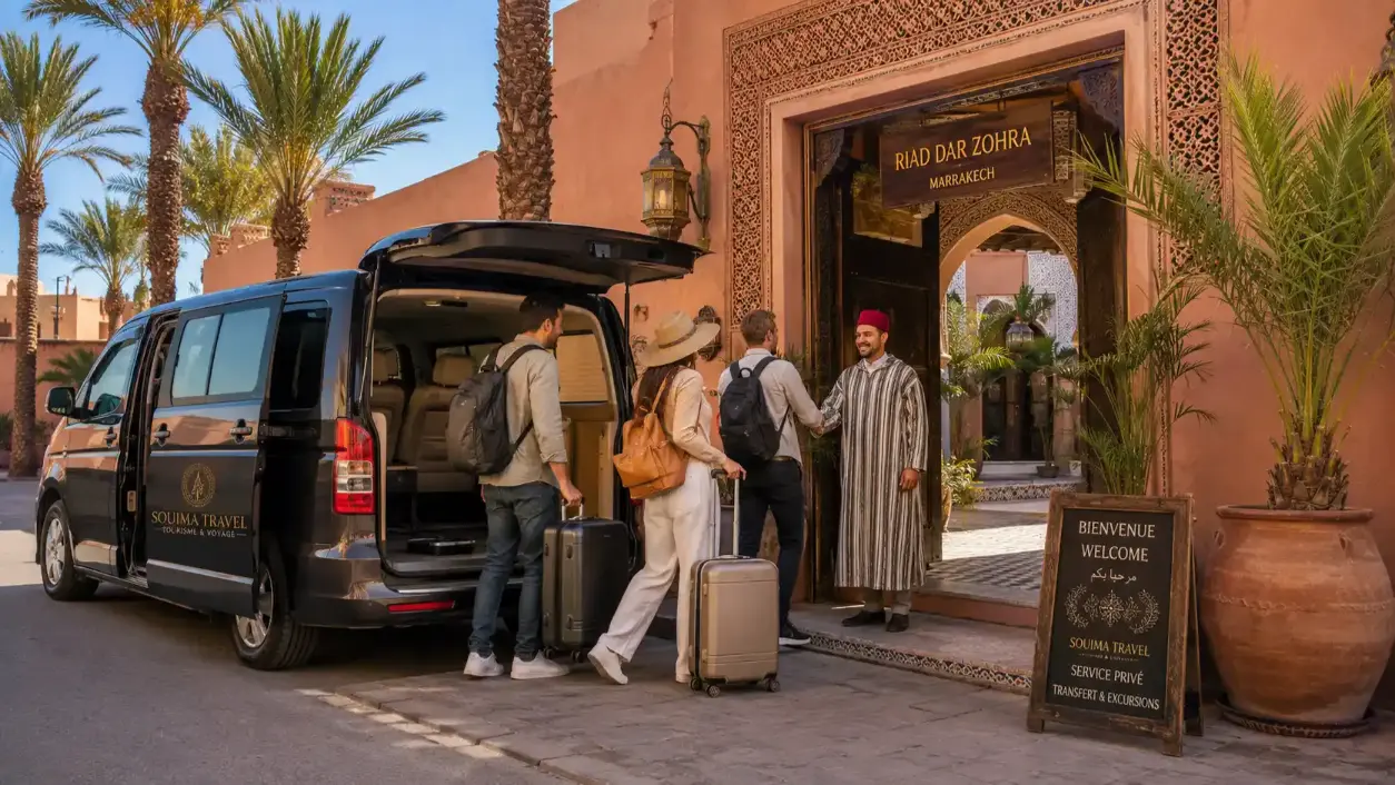 Minivan de transfert devant un riad traditionnel à Marrakech
